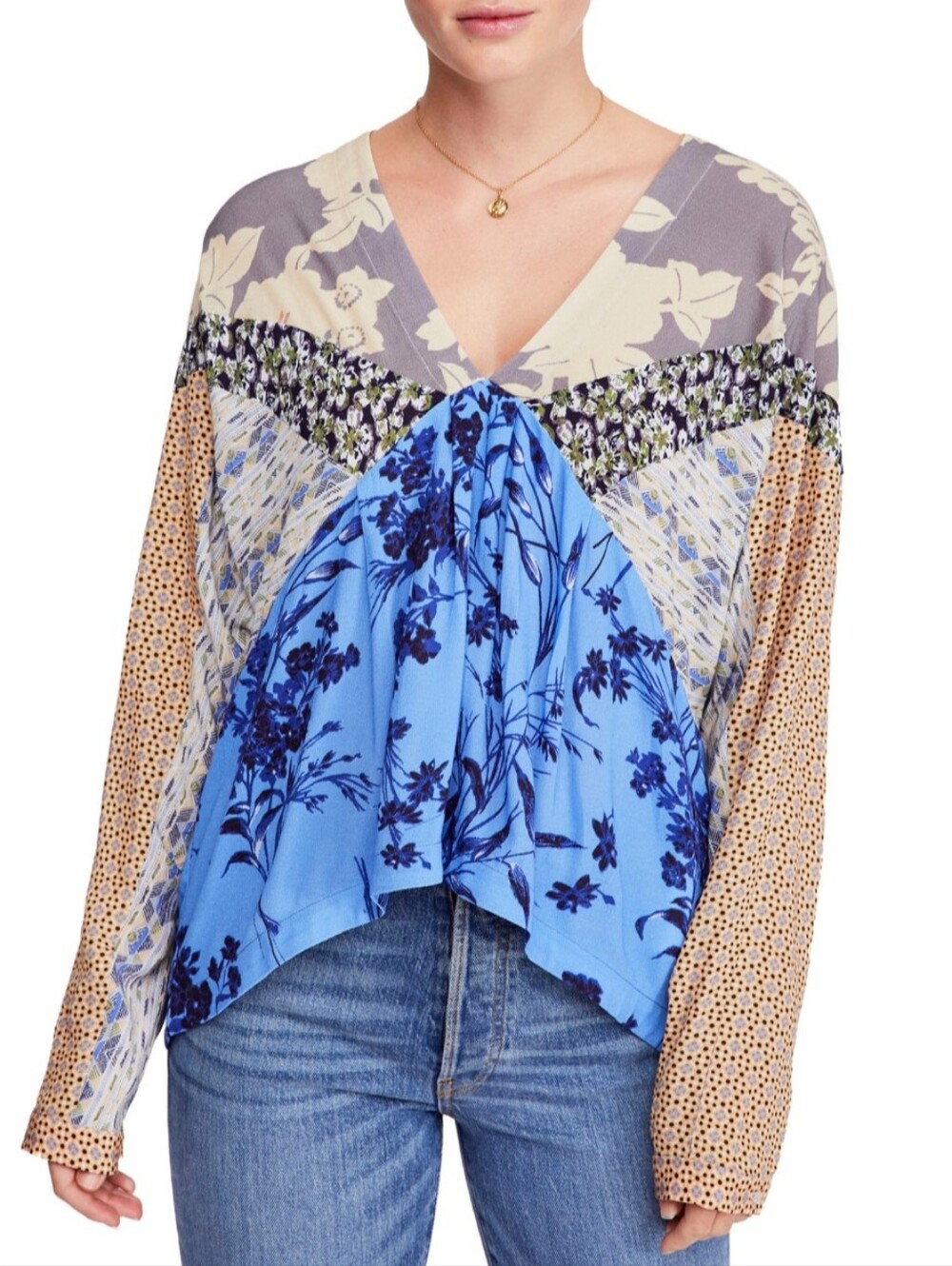 Free People Aloha State Of Mind Blue Mixed-Print V-Neck Bohemian Peplum Top Sz S
